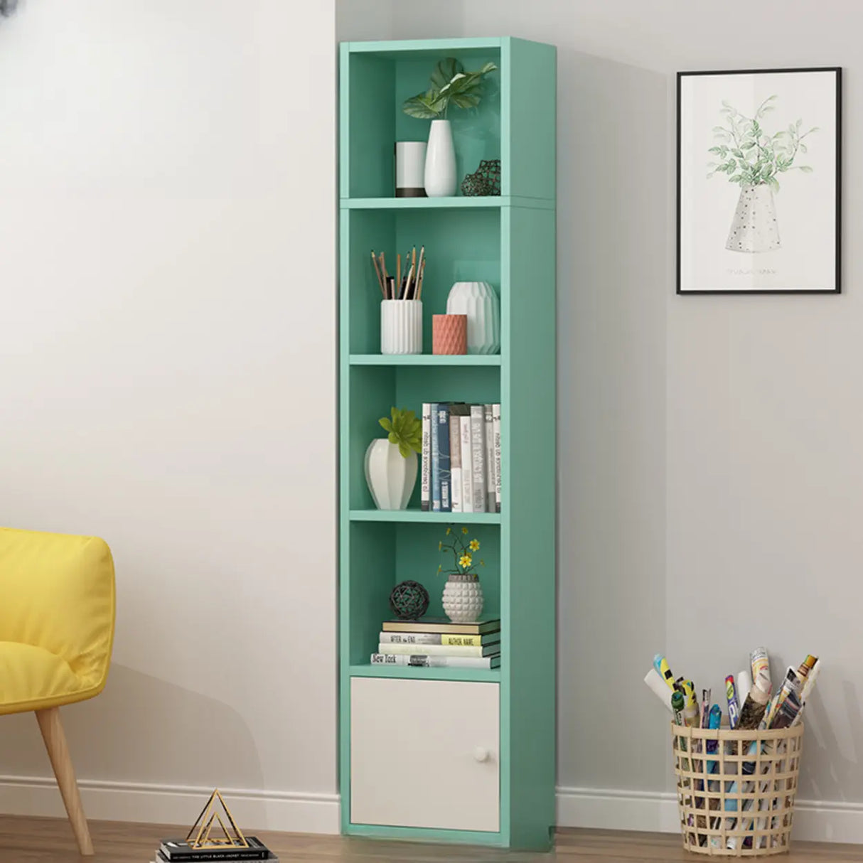 Classic Vertical Closed Wood Storage Narrow Bookcase Image - 18