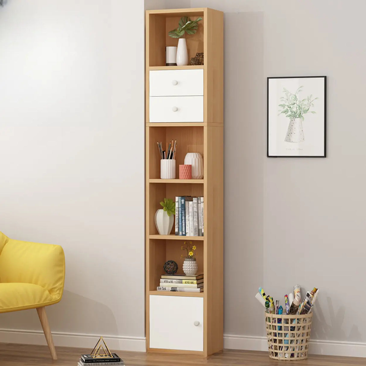 Classic Vertical Closed Wood Storage Narrow Bookcase Image - 19