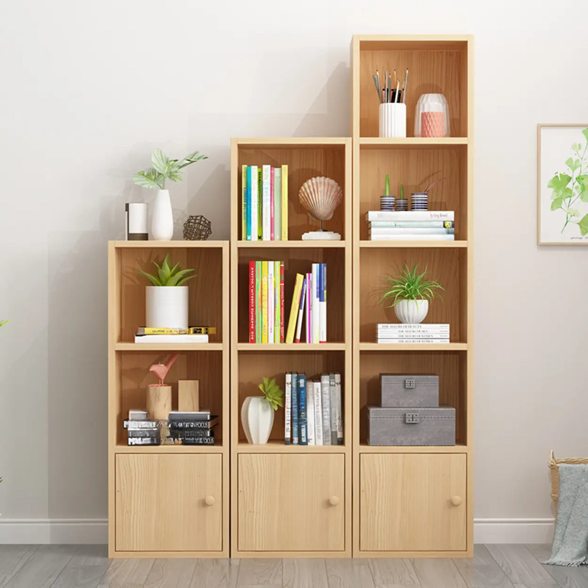 Classic Vertical Closed Wood Storage Narrow Bookcase Image - 2