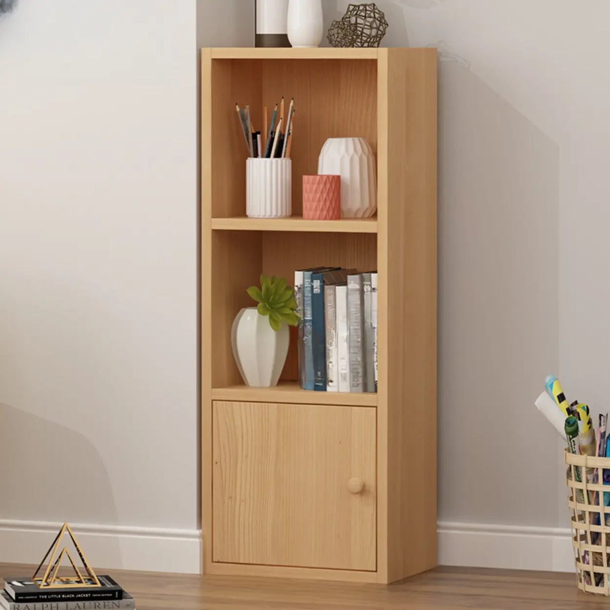 Classic Vertical Closed Wood Storage Narrow Bookcase Image - 20