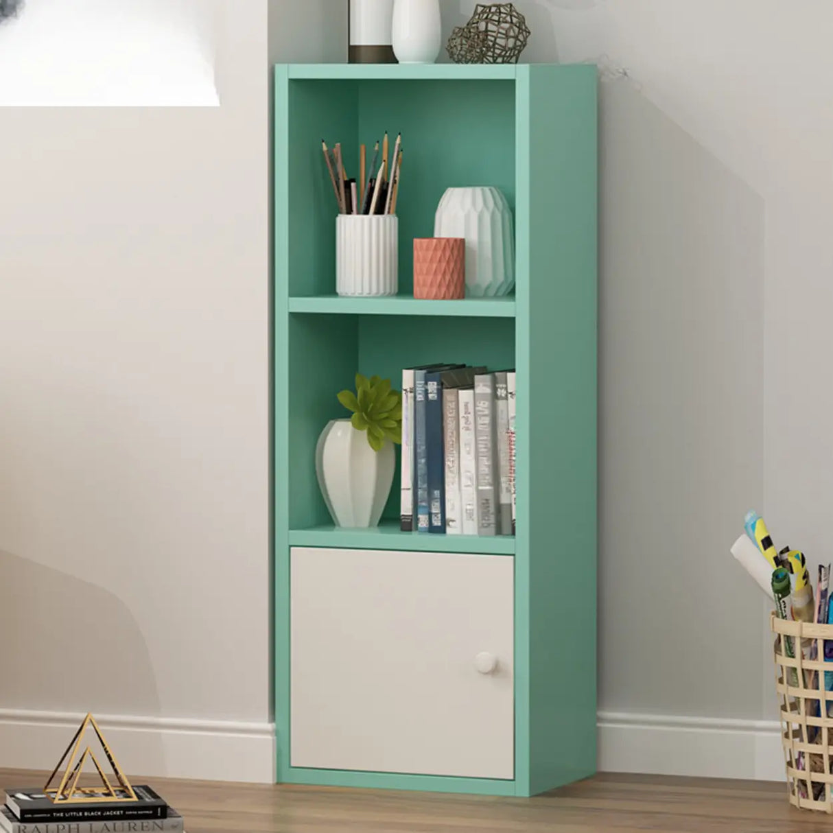 Classic Vertical Closed Wood Storage Narrow Bookcase Image - 21