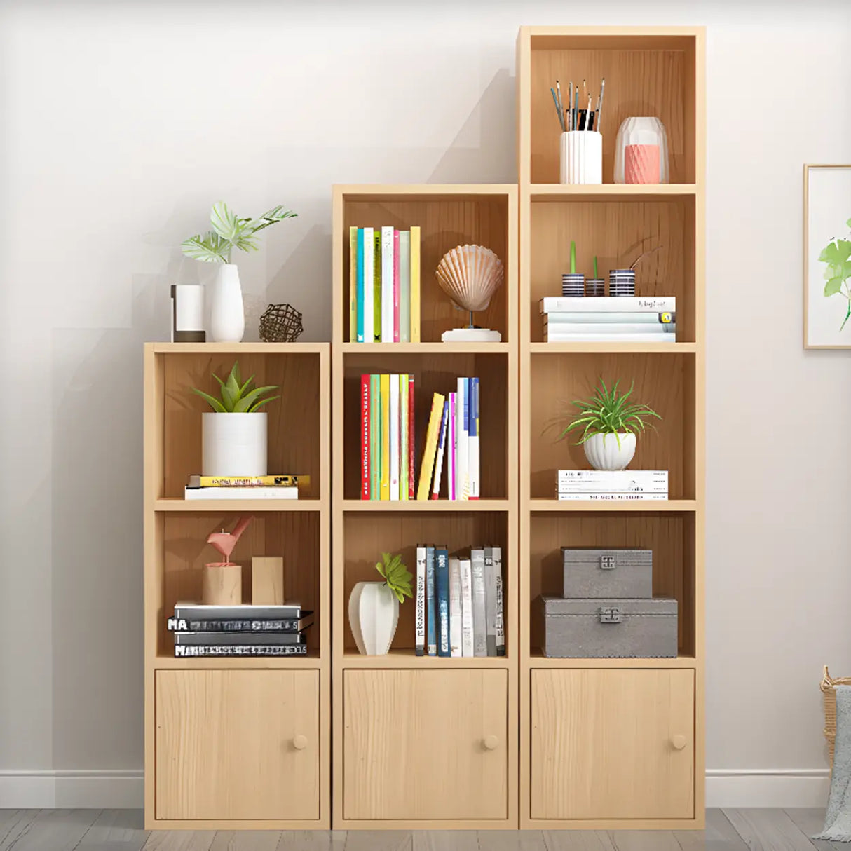 Classic Vertical Closed Wood Storage Narrow Bookcase Image - 23