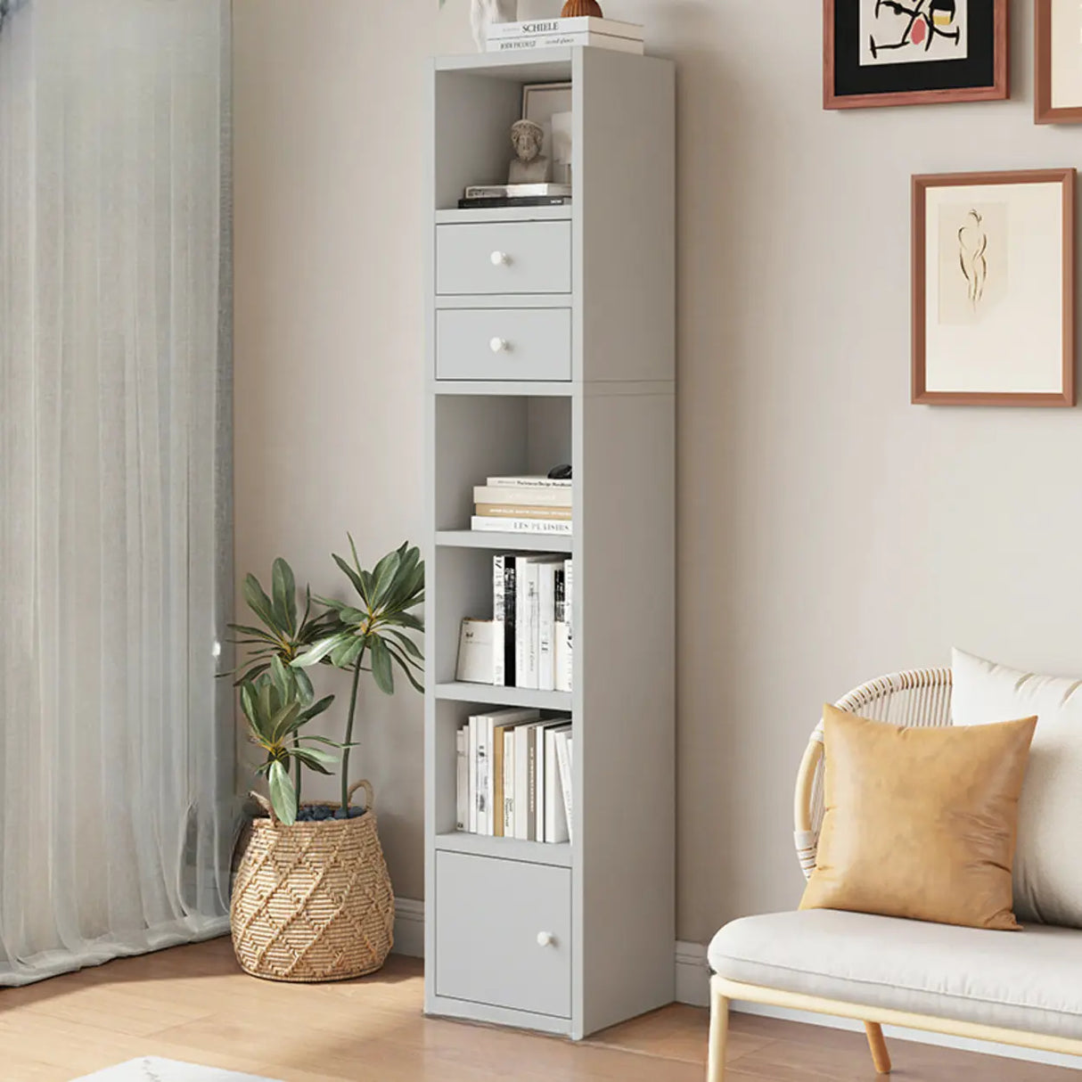 Classic Vertical Closed Wood Storage Narrow Bookcase Image - 3