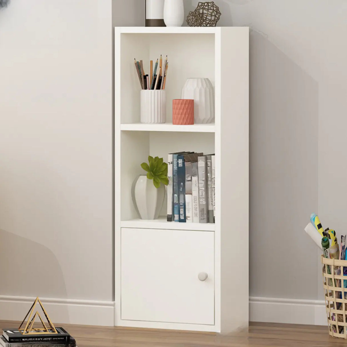 Classic Vertical Closed Wood Storage Narrow Bookcase Image - 4