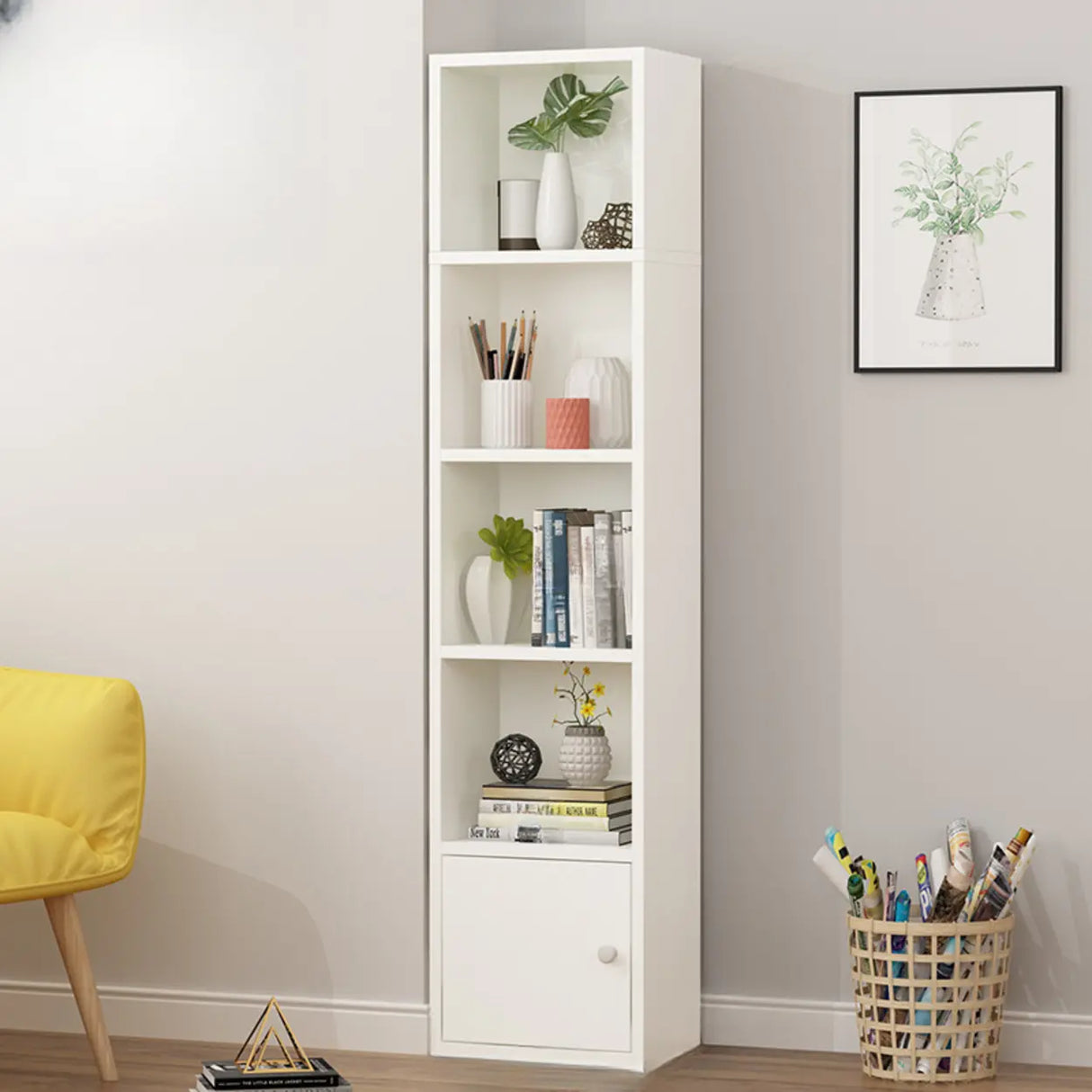 Classic Vertical Closed Wood Storage Narrow Bookcase Image - 6