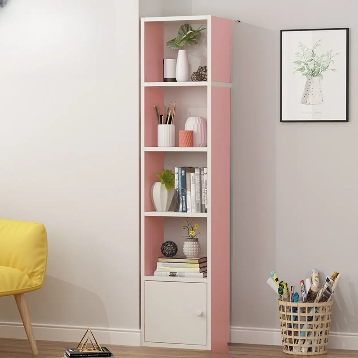Classic Vertical Closed Wood Storage Narrow Bookcase Image - 7