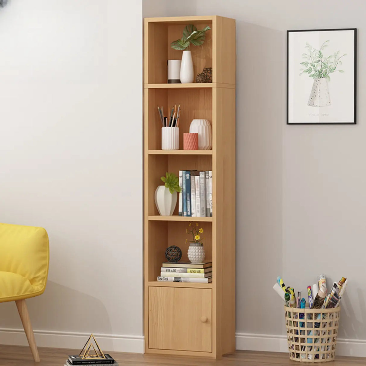 Classic Vertical Closed Wood Storage Narrow Bookcase Image - 8