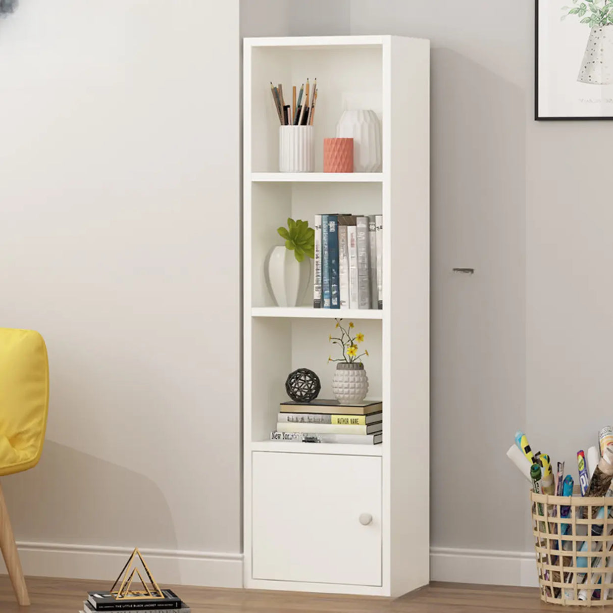 Classic Vertical Closed Wood Storage Narrow Bookcase Image - 9