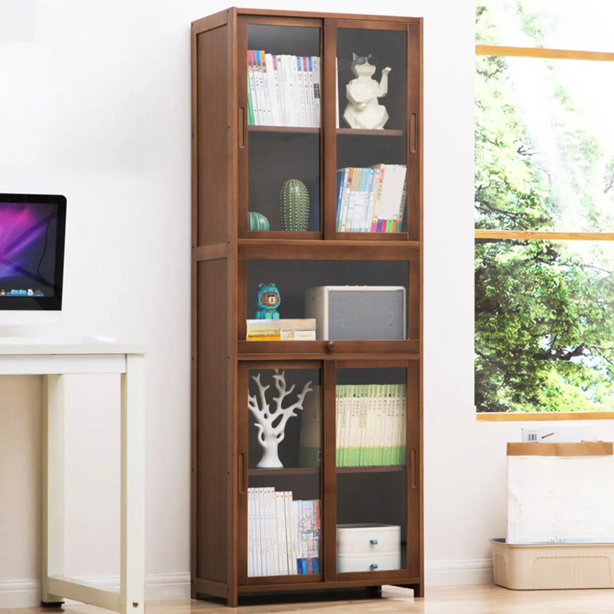 Classic Vertical Simple Walnut Glass Door Bookcase Image - 1