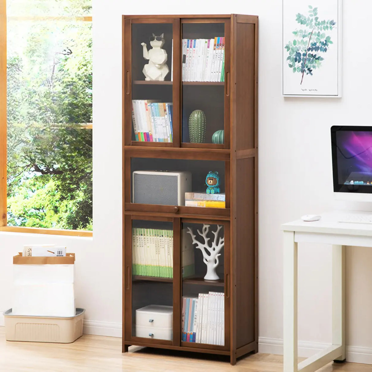 Classic Vertical Simple Walnut Glass Door Bookcase Image - 2