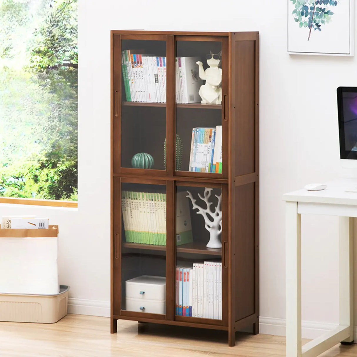Classic Vertical Simple Walnut Glass Door Bookcase Image - 4