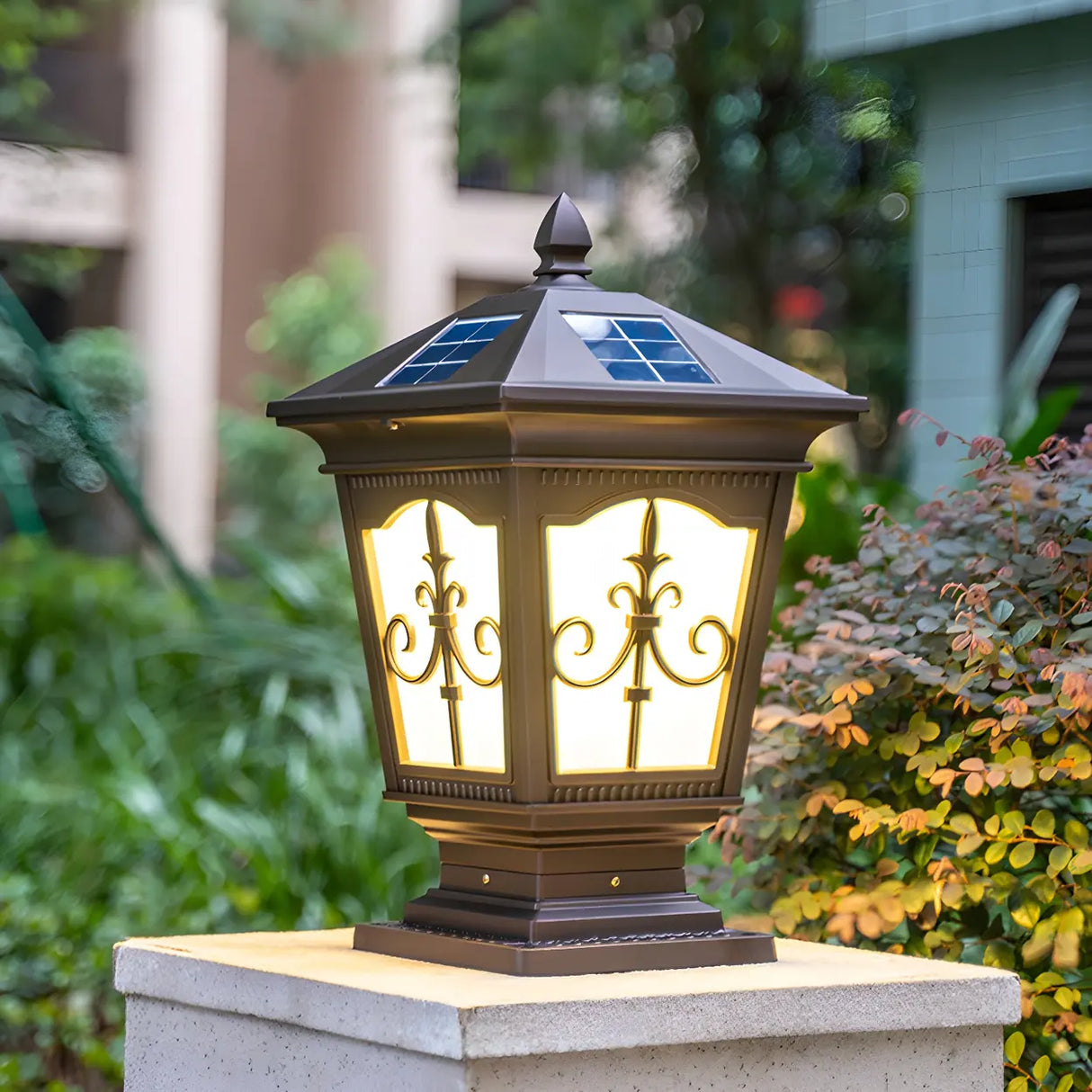 Classic Vintage Brown Solar Post Outdoor Lantern Table Lamp Image - 1