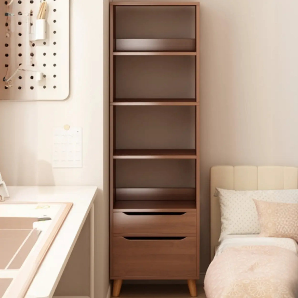 Classic Walnut Rectangular Wood Drawers Narrow Bookcase Image - 1