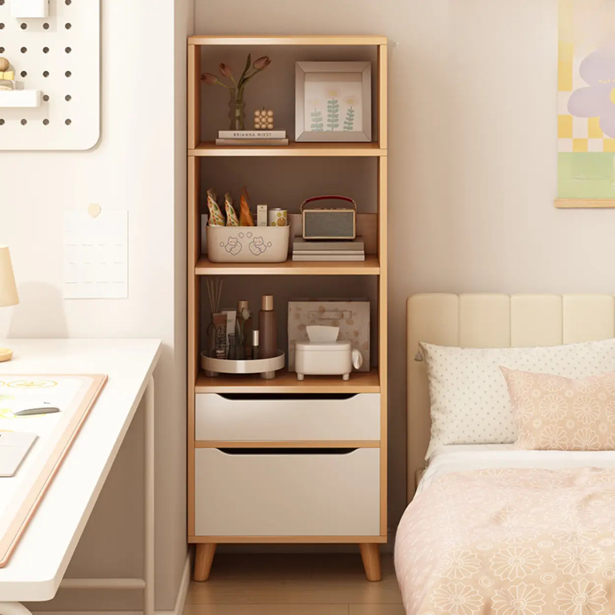 Classic Walnut Rectangular Wood Drawers Narrow Bookcase Image - 11