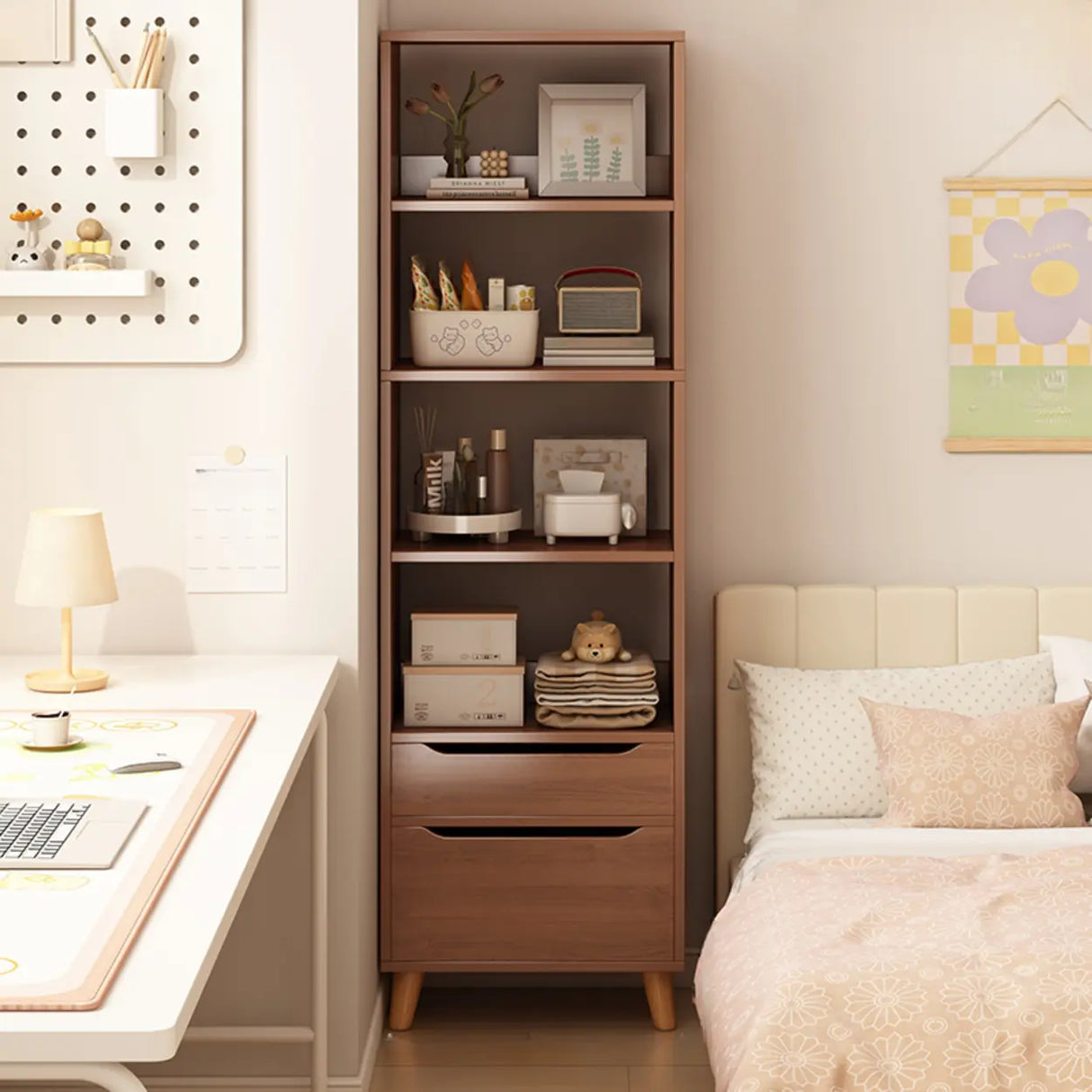 Classic Walnut Rectangular Wood Drawers Narrow Bookcase Image - 13