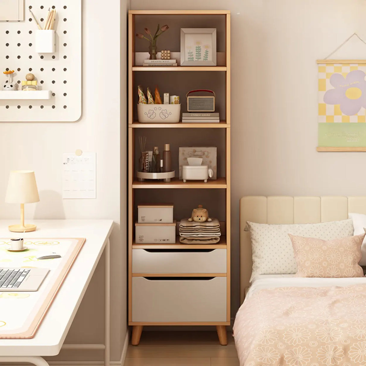 Classic Walnut Rectangular Wood Drawers Narrow Bookcase Image - 15