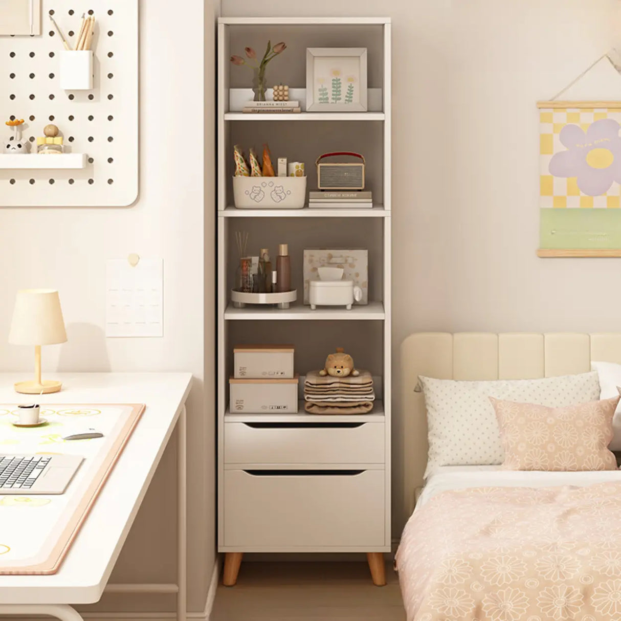 Classic Walnut Rectangular Wood Drawers Narrow Bookcase Image - 18