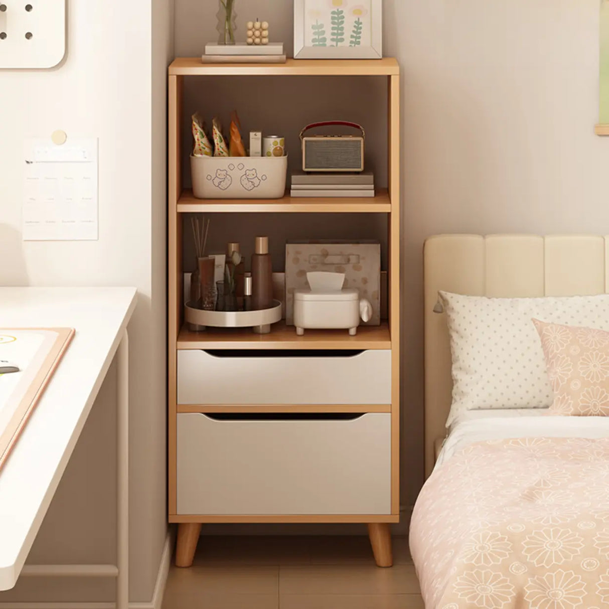 Classic Walnut Rectangular Wood Drawers Narrow Bookcase Image - 2