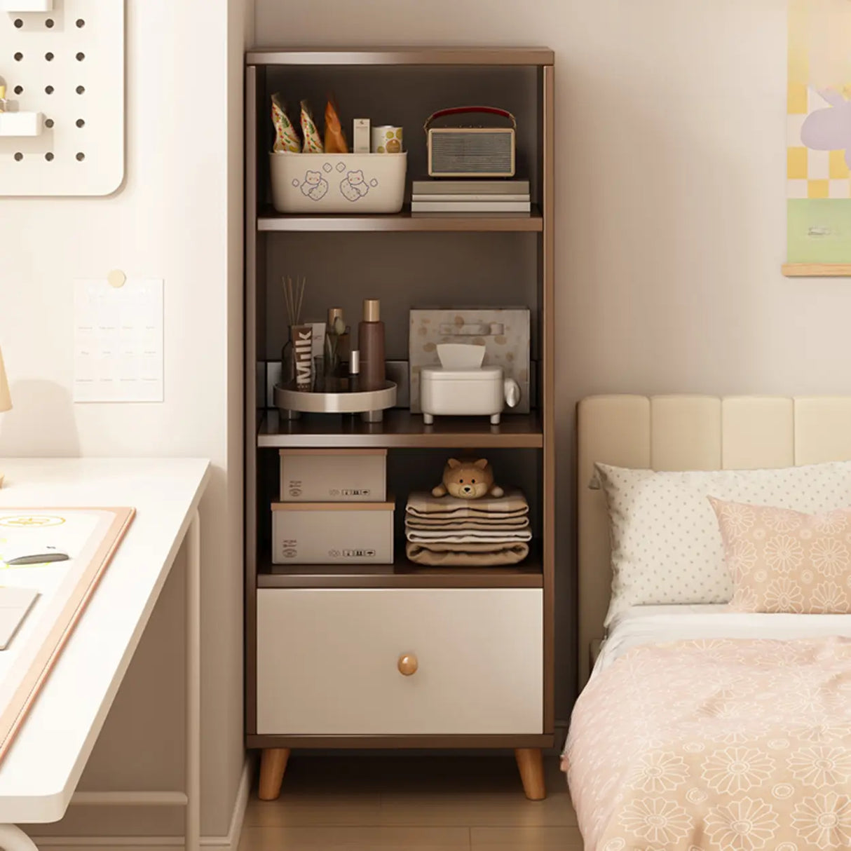 Classic Walnut Rectangular Wood Drawers Narrow Bookcase Image - 20