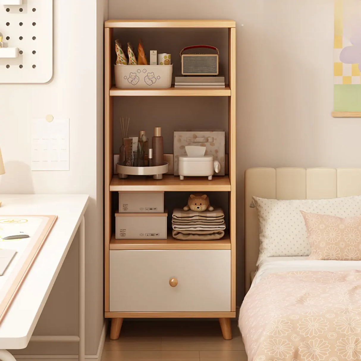 Classic Walnut Rectangular Wood Drawers Narrow Bookcase Image - 21