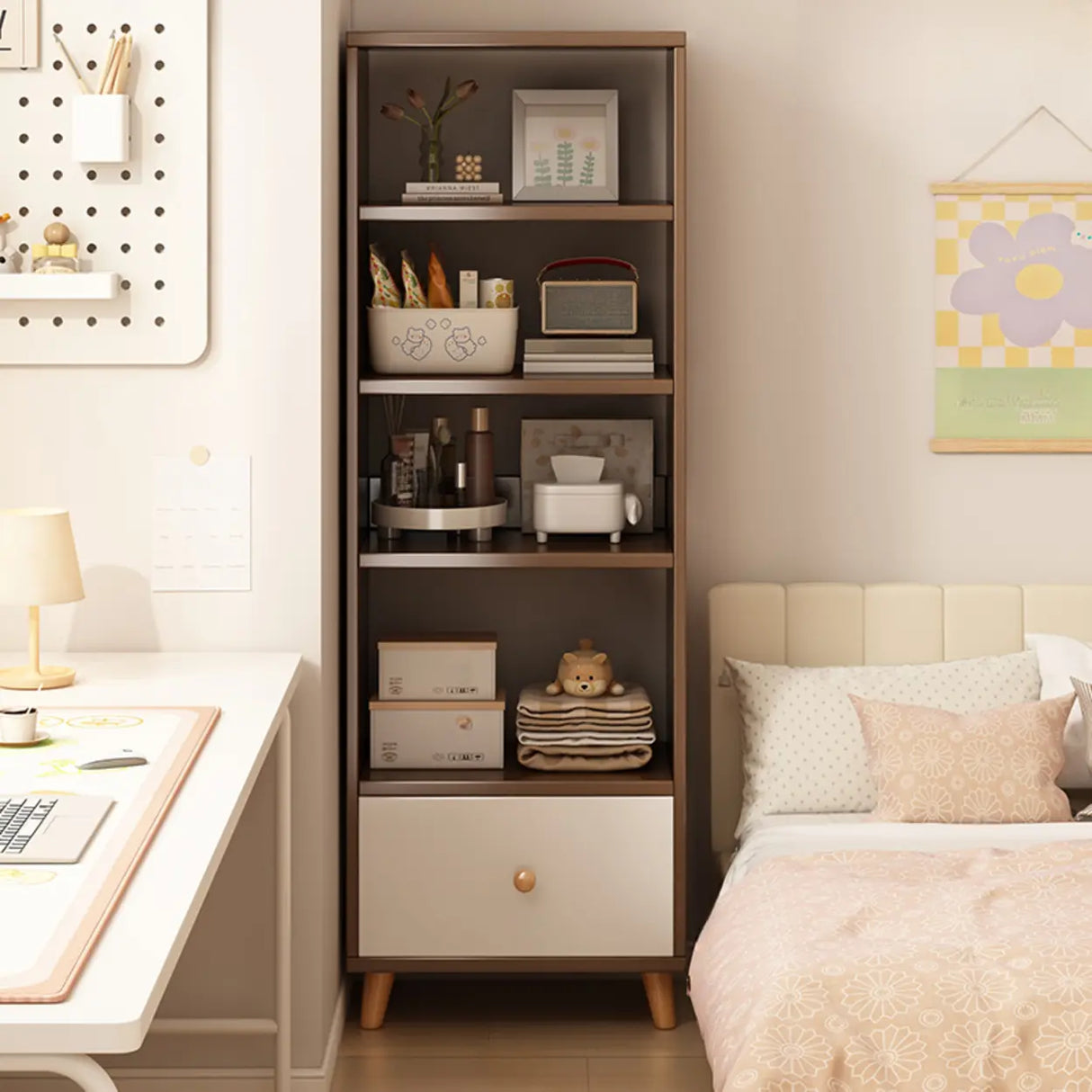 Classic Walnut Rectangular Wood Drawers Narrow Bookcase Image - 23