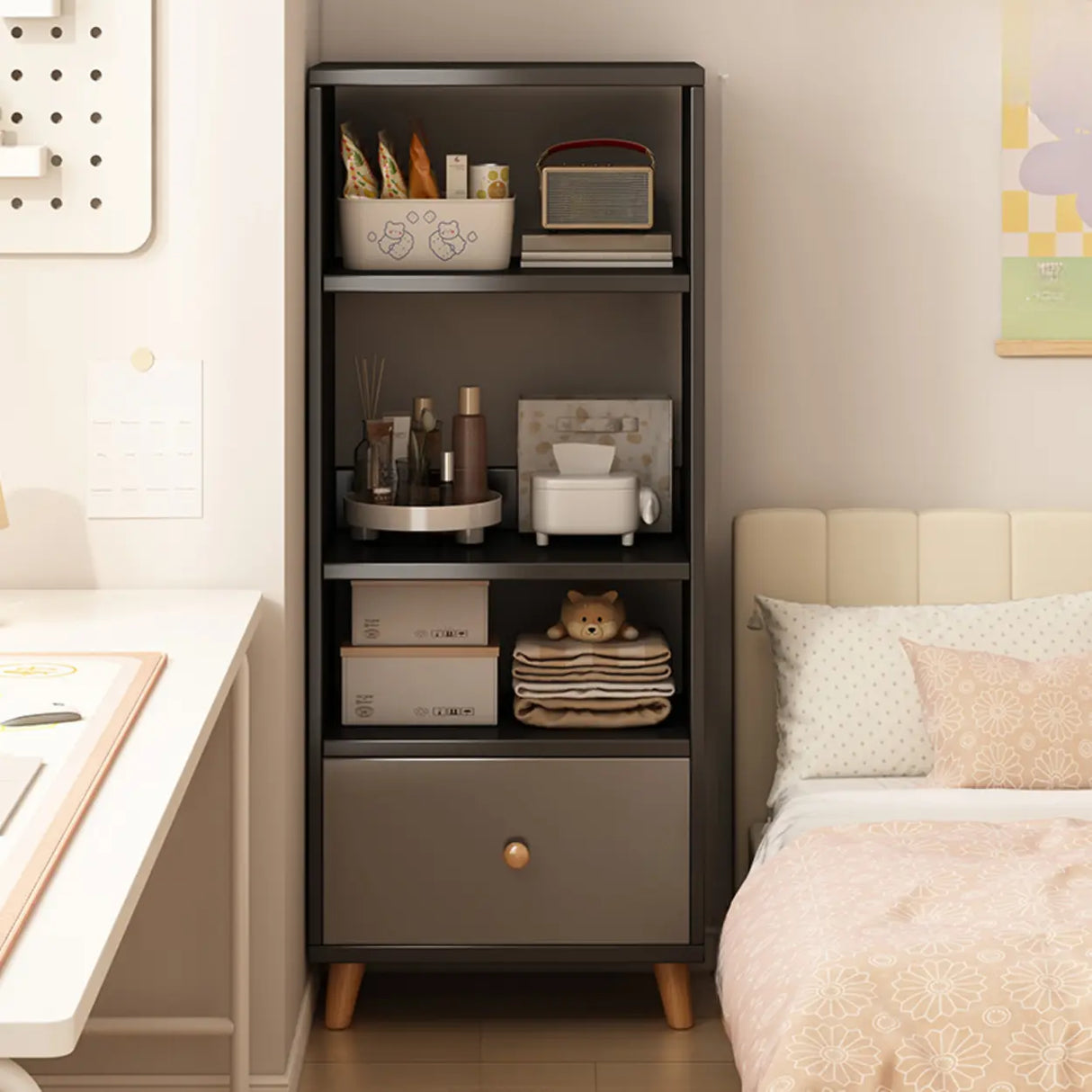 Classic Walnut Rectangular Wood Drawers Narrow Bookcase Image - 24