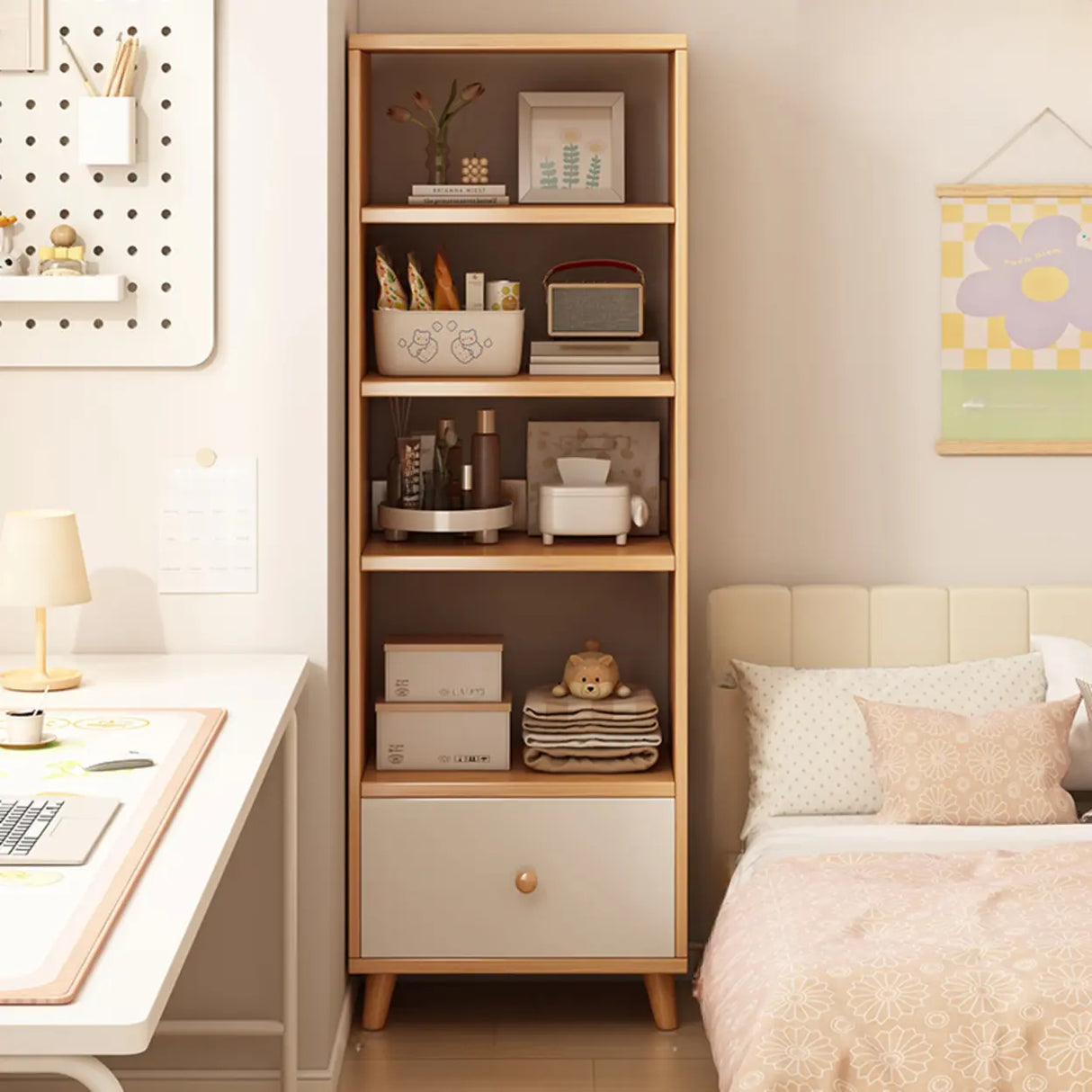 Classic Walnut Rectangular Wood Drawers Narrow Bookcase Image - 26