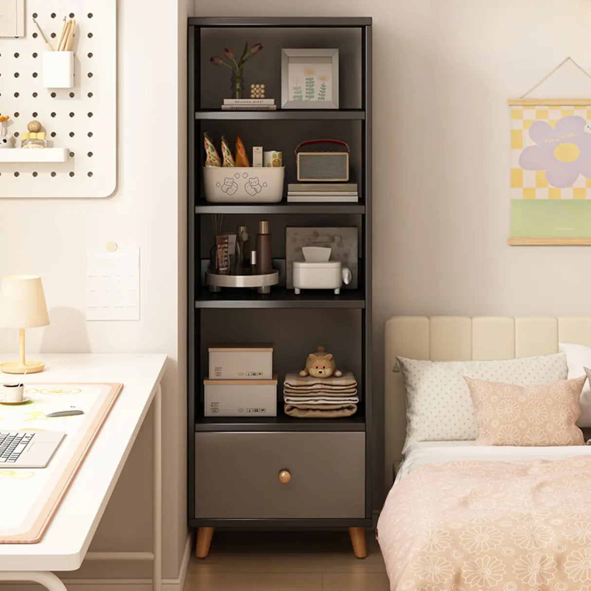 Classic Walnut Rectangular Wood Drawers Narrow Bookcase Image - 27