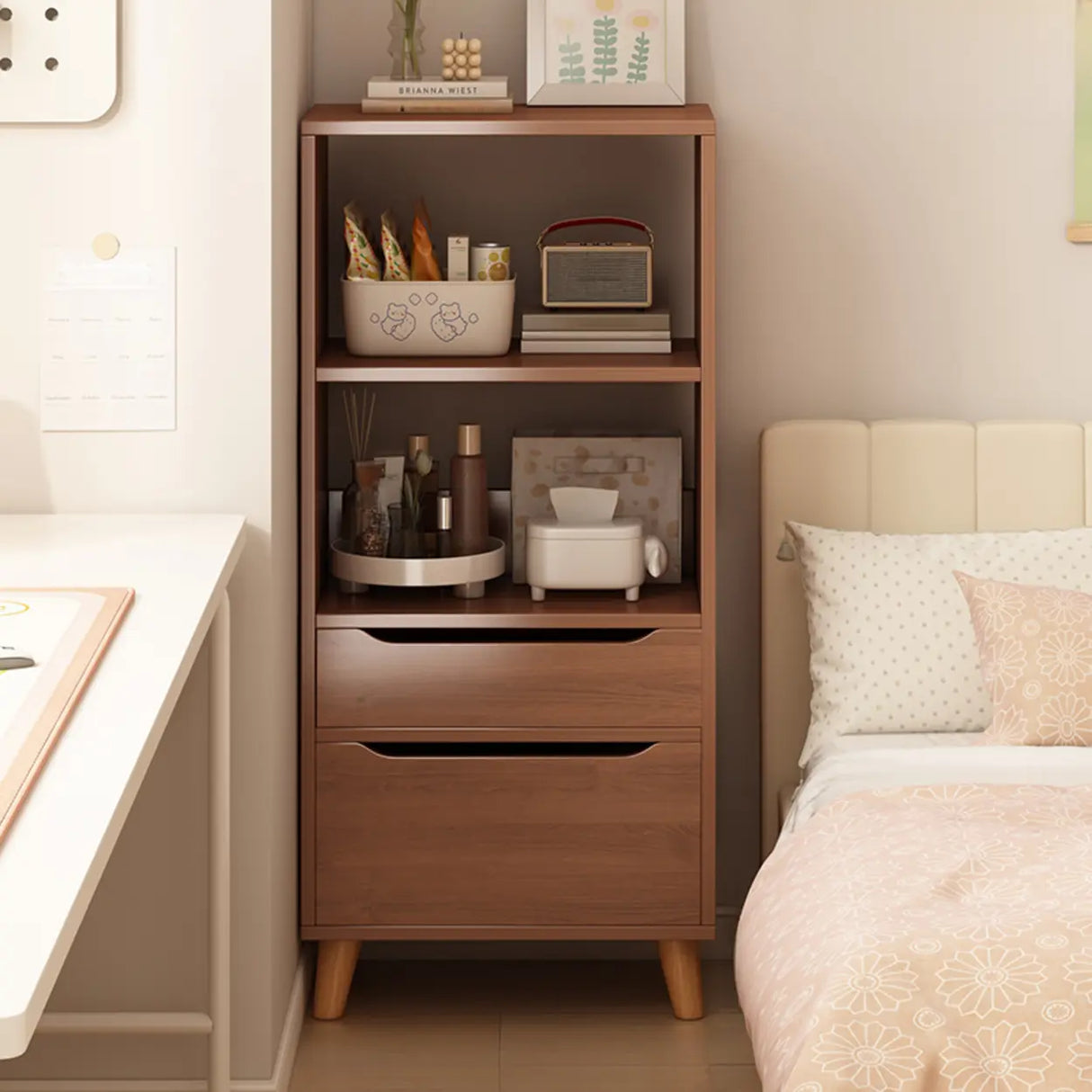 Classic Walnut Rectangular Wood Drawers Narrow Bookcase Image - 3