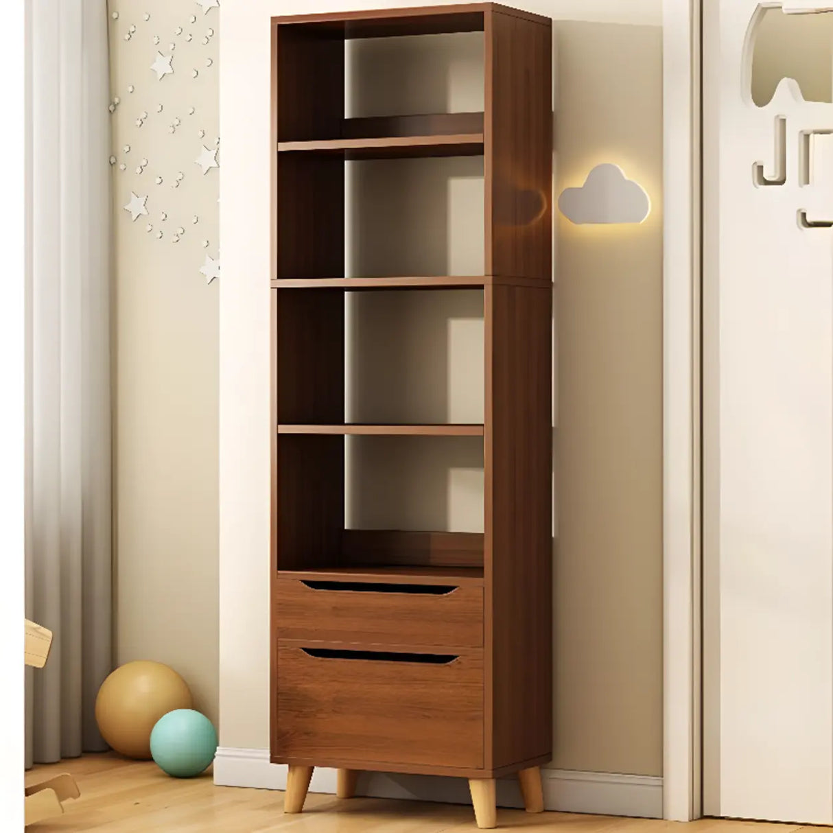 Classic Walnut Rectangular Wood Drawers Narrow Bookcase Image - 4