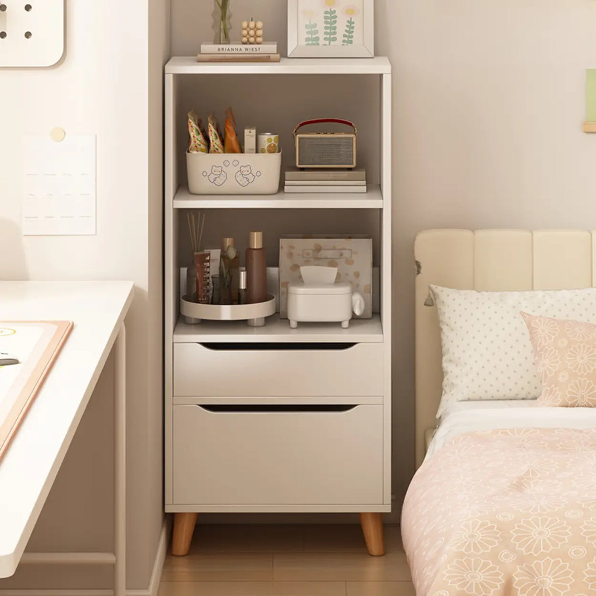 Classic Walnut Rectangular Wood Drawers Narrow Bookcase Image - 5