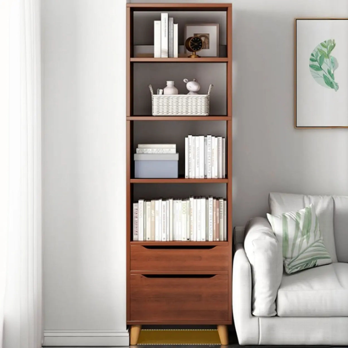Classic Walnut Rectangular Wood Drawers Narrow Bookcase Image - 6