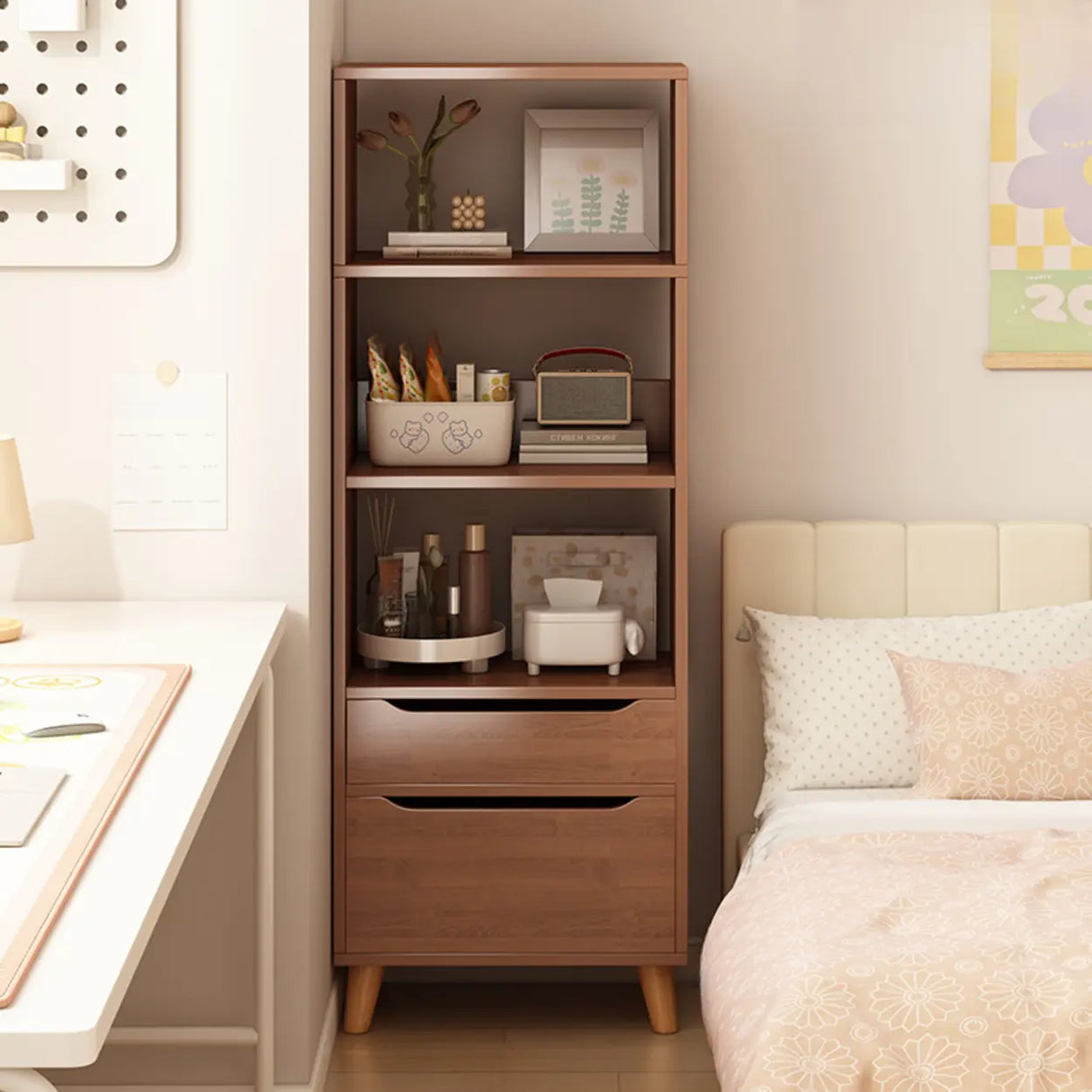 Classic Walnut Rectangular Wood Drawers Narrow Bookcase Image - 7