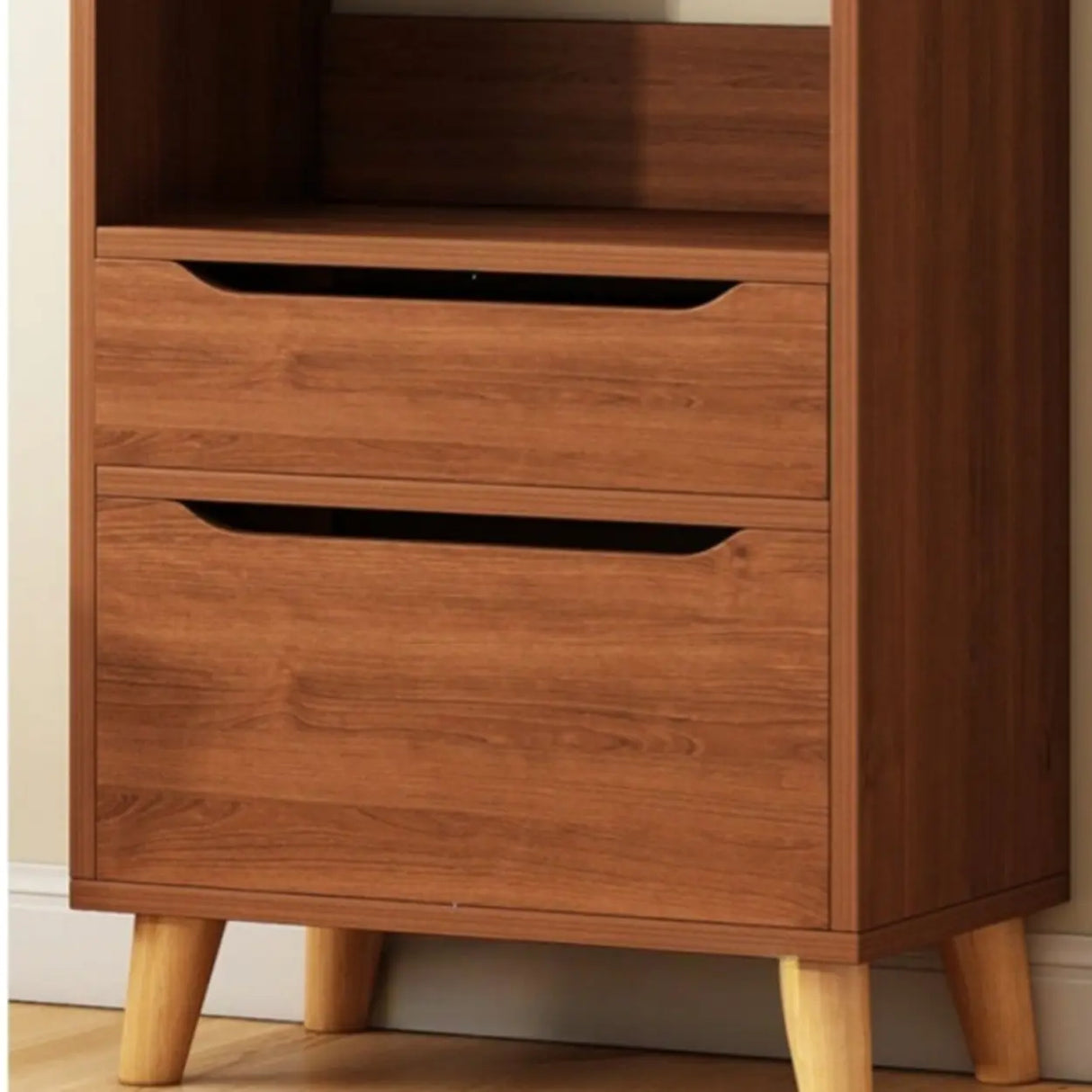 Classic Walnut Rectangular Wood Drawers Narrow Bookcase Image - 8