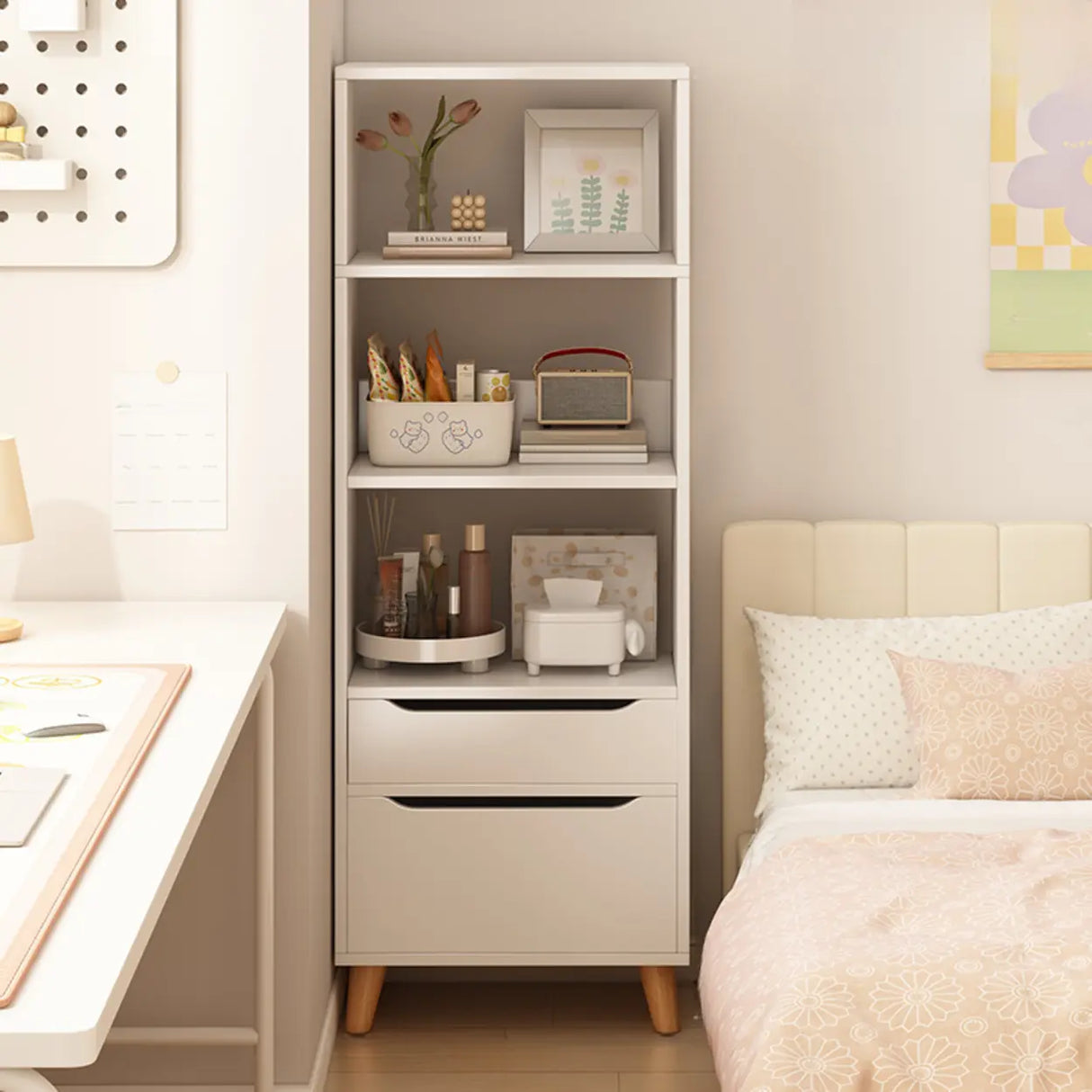 Classic Walnut Rectangular Wood Drawers Narrow Bookcase Image - 9