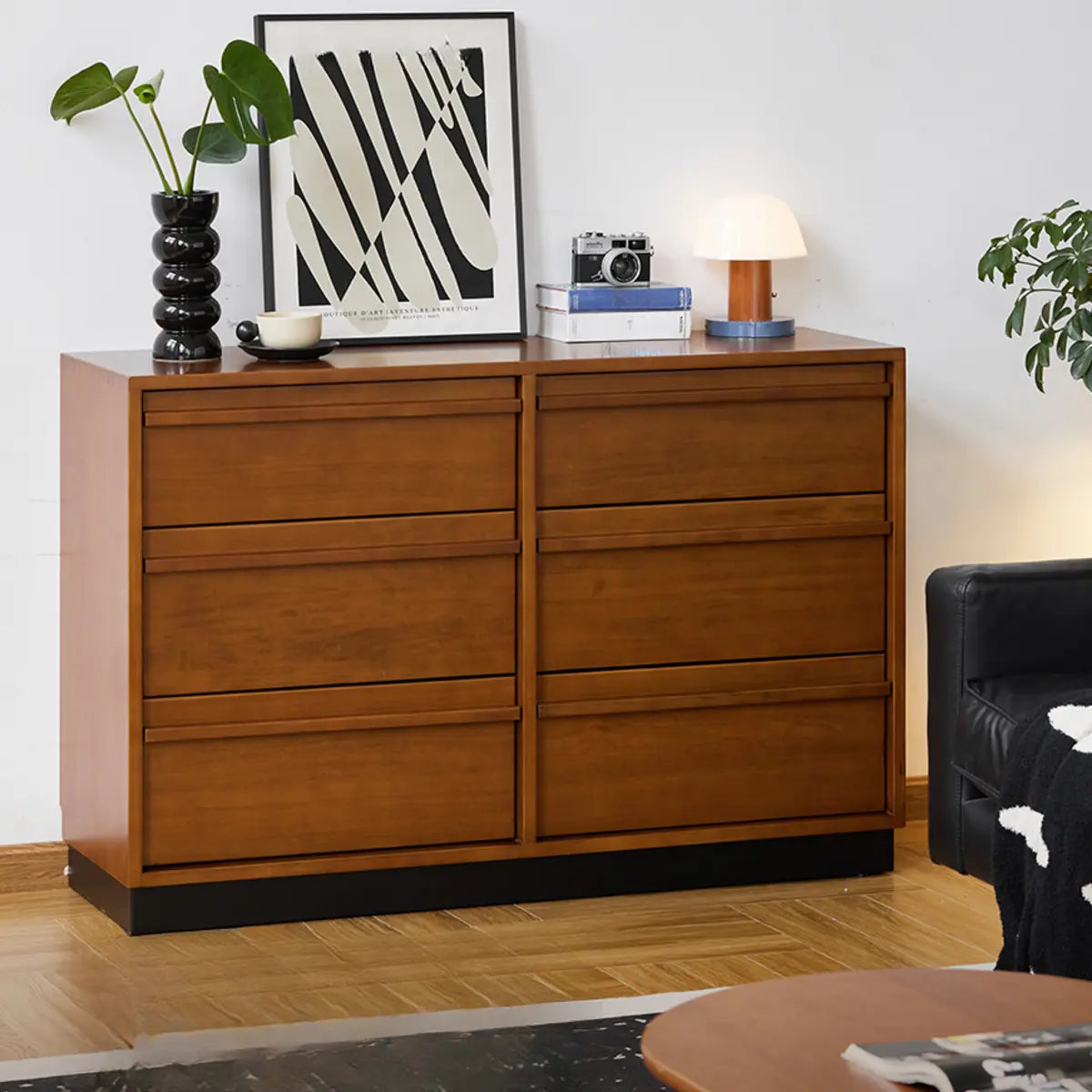 Classic Wood Brown Narrow Shelves Sideboard with Drawers Image - 1