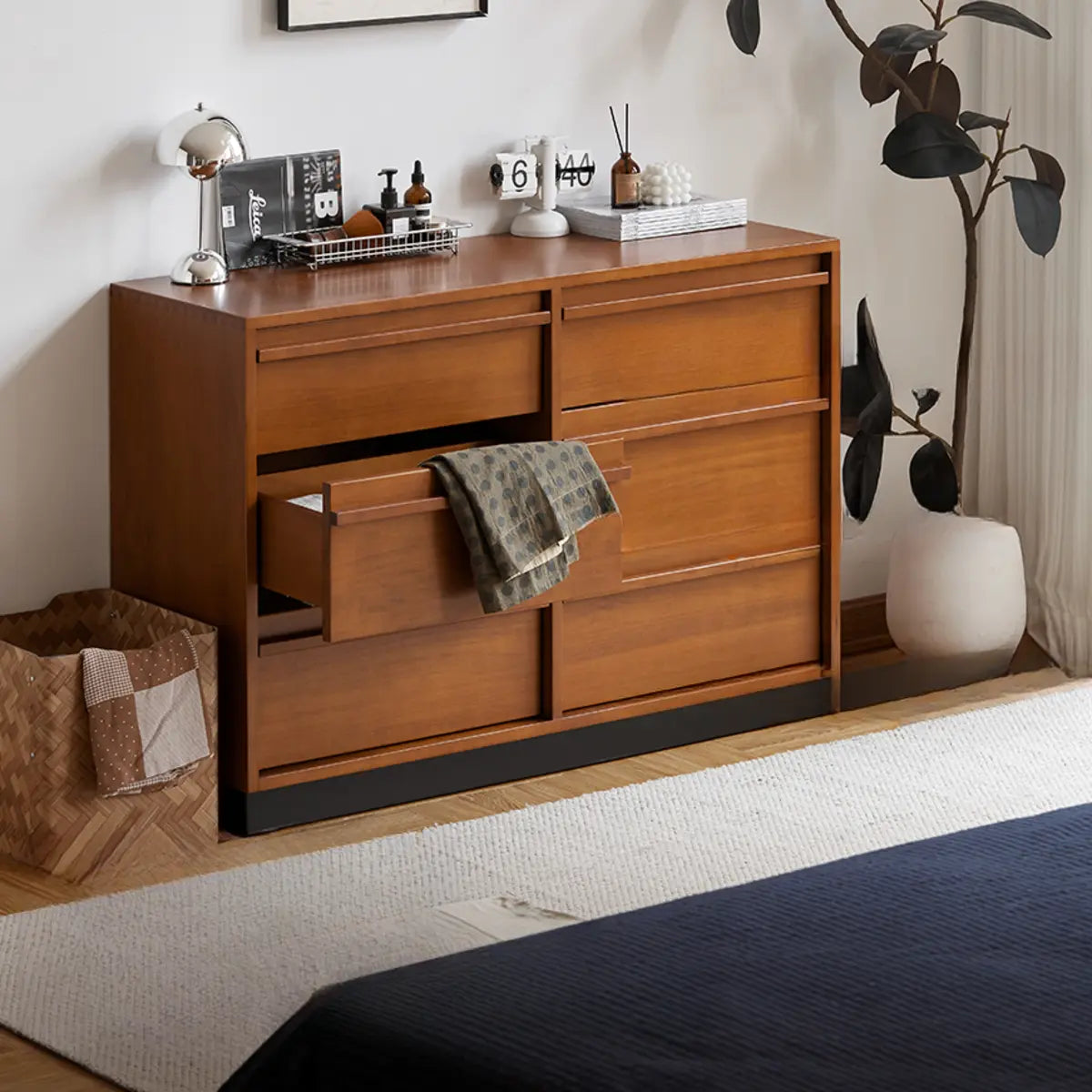 Classic Wood Brown Narrow Shelves Sideboard with Drawers Image - 3
