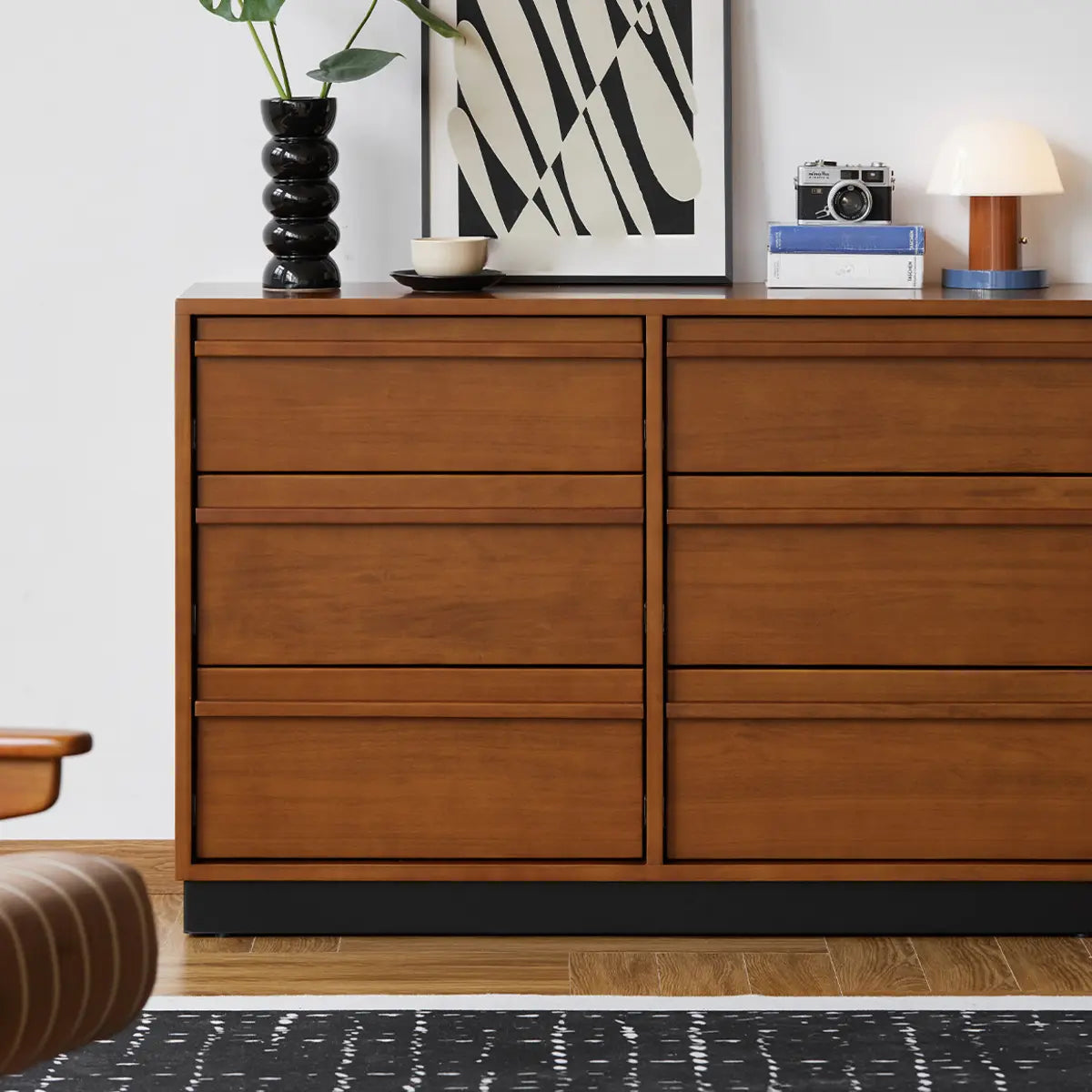 Classic Wood Brown Narrow Shelves Sideboard with Drawers Image - 5