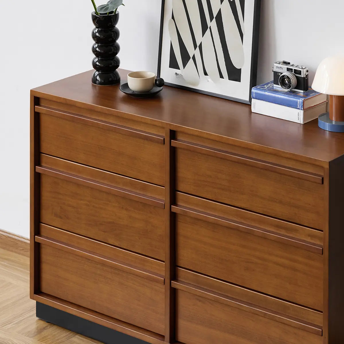 Classic Wood Brown Narrow Shelves Sideboard with Drawers Image - 7