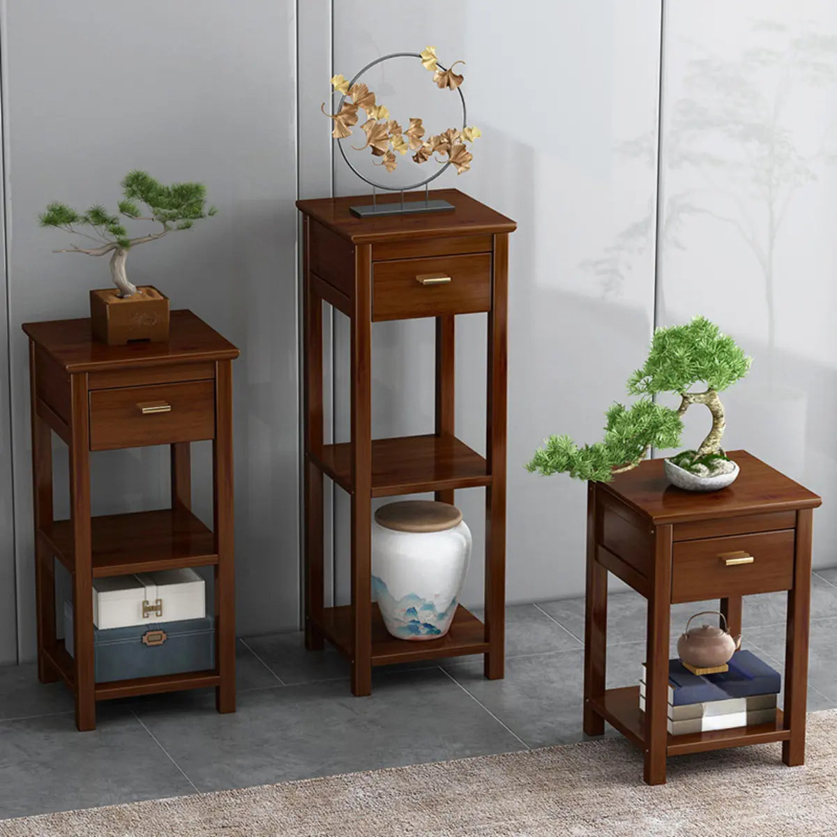 Classic Wood Drawer Square Pedestal Plant Stand Brown Image - 1