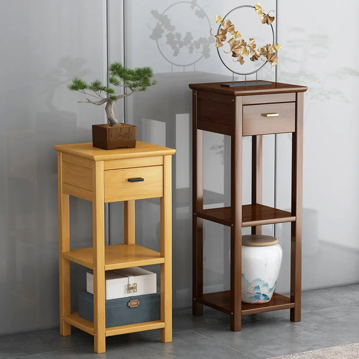 Classic Wood Drawer Square Pedestal Plant Stand Brown Image - 3