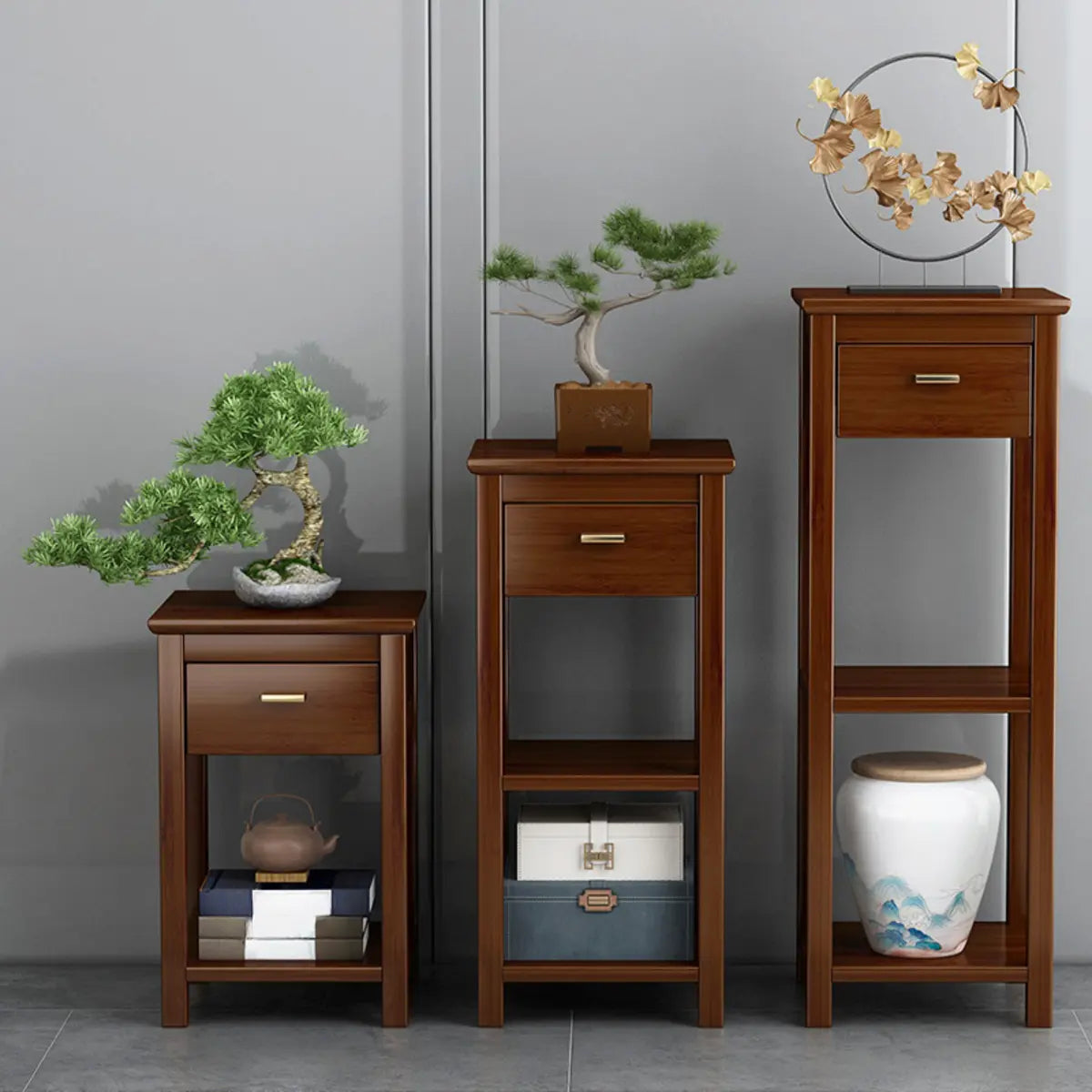 Classic Wood Drawer Square Pedestal Plant Stand Brown Image - 5