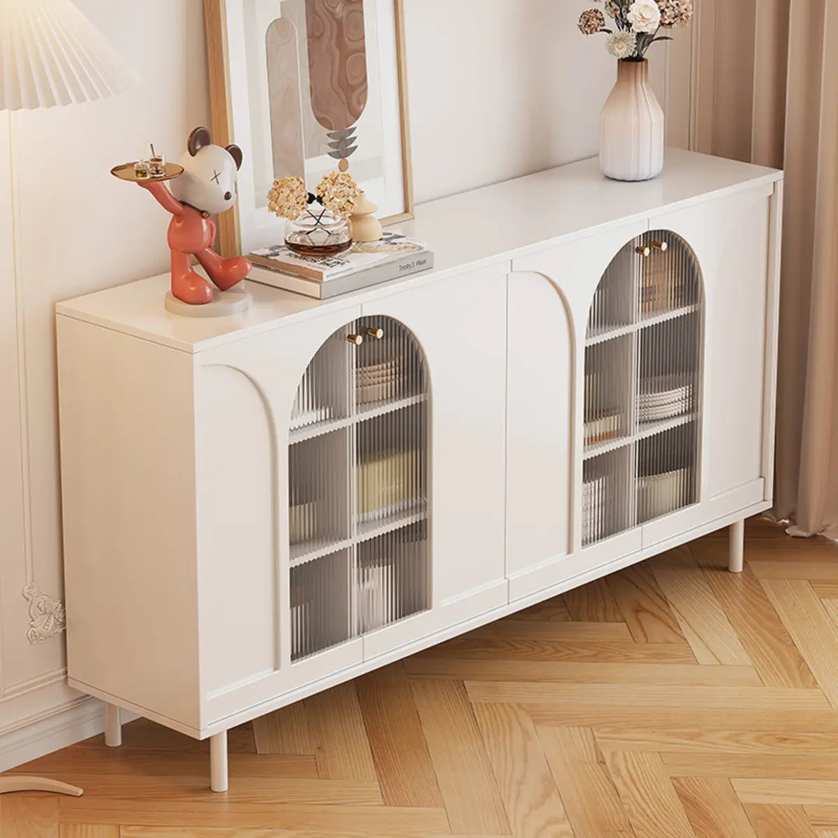Classic Wood White Storage Sideboard with Glass Doors Image - 1