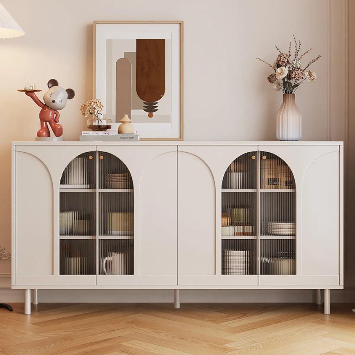 Classic Wood White Storage Sideboard with Glass Doors Image - 2