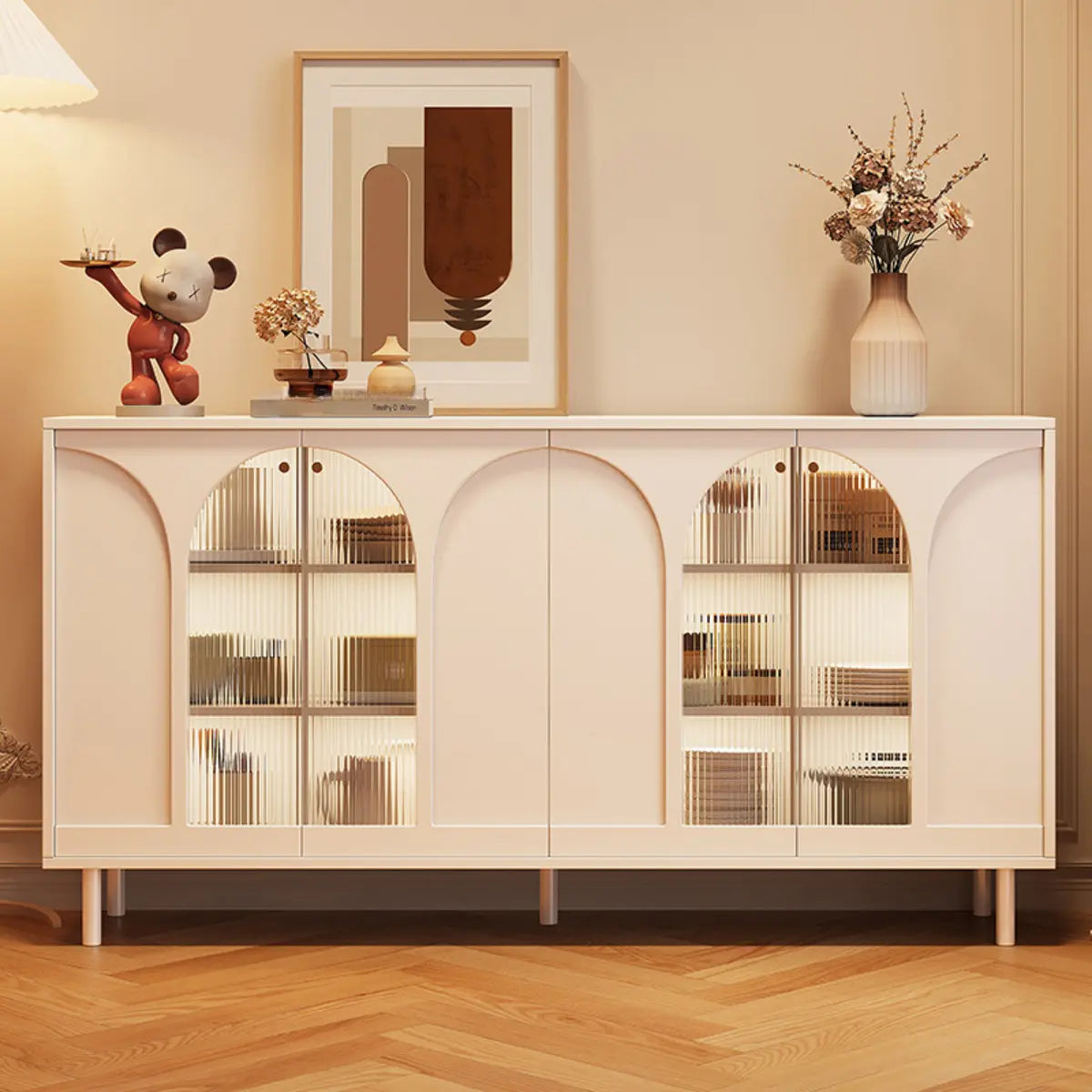Classic Wood White Storage Sideboard with Glass Doors Image - 3