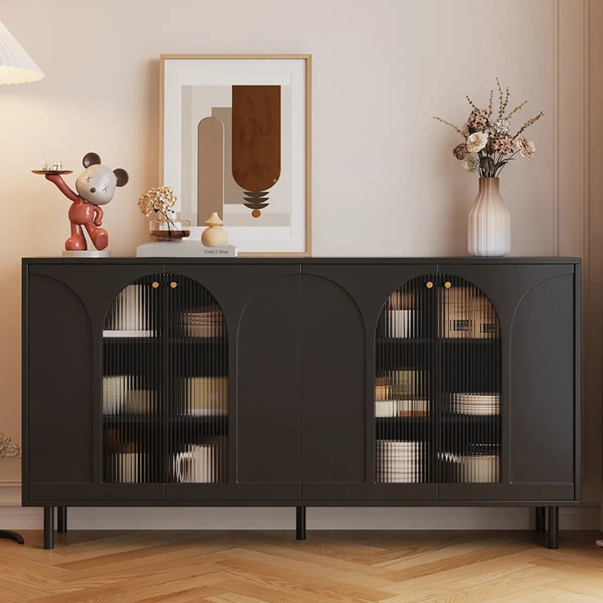 Classic Wood White Storage Sideboard with Glass Doors Image - 4