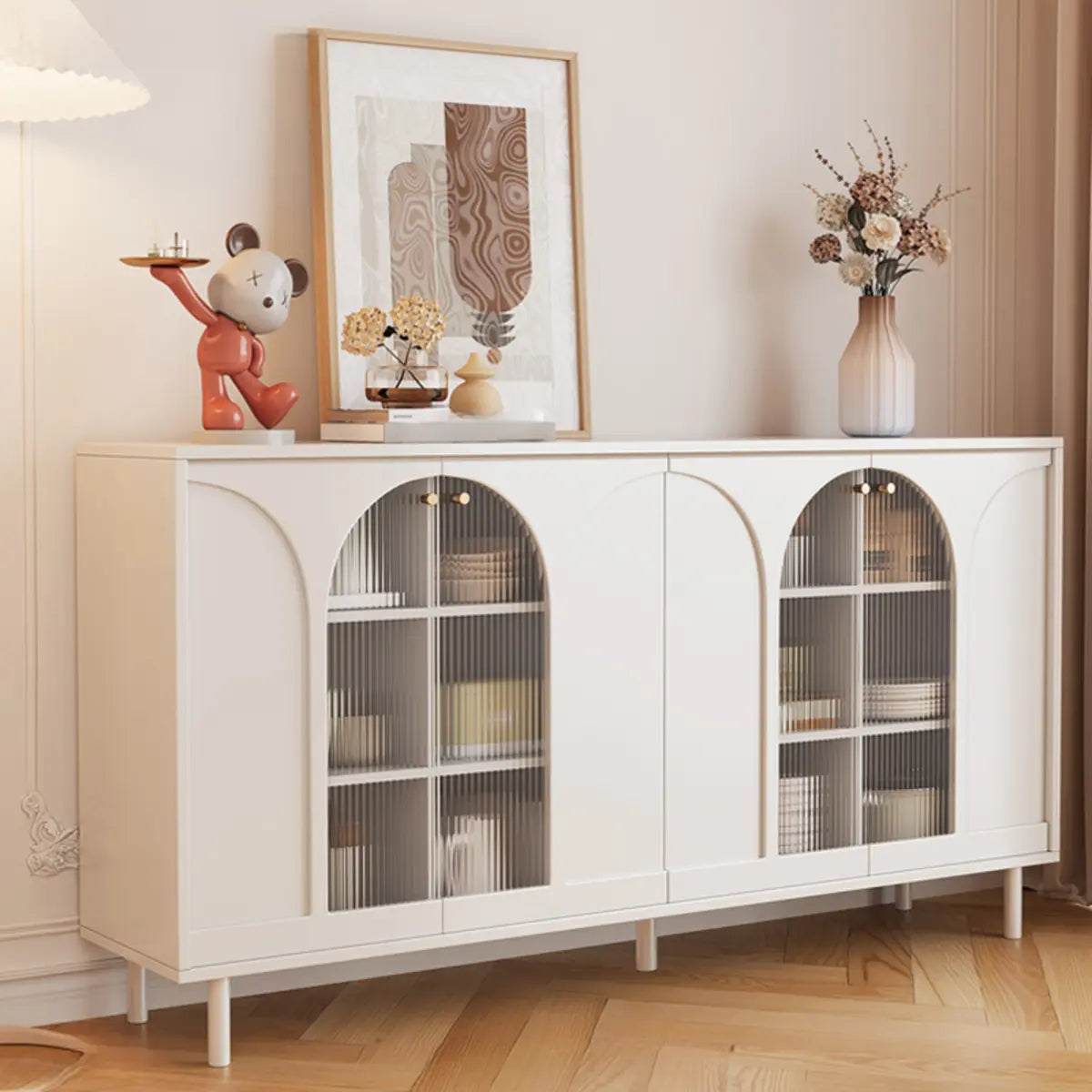Classic Wood White Storage Sideboard with Glass Doors Image - 8