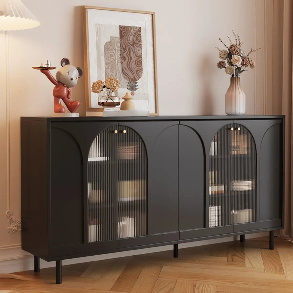 Classic Wood White Storage Sideboard with Glass Doors Image - 9
