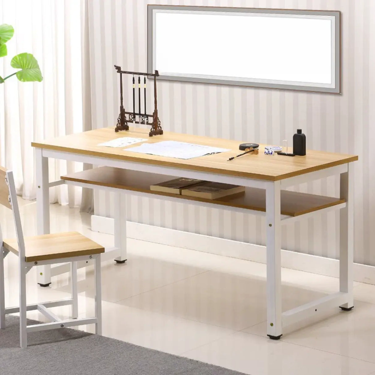 Classroom Natural Finish Wood Double Kids Study Desk Image - 3