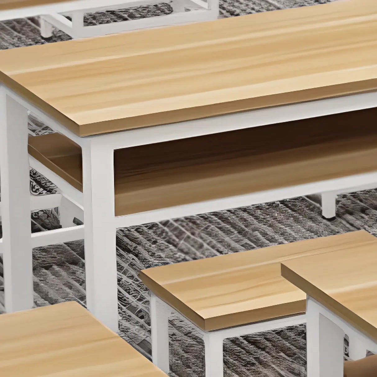 Classroom Natural Finish Wood Double Kids Study Desk Image - 4